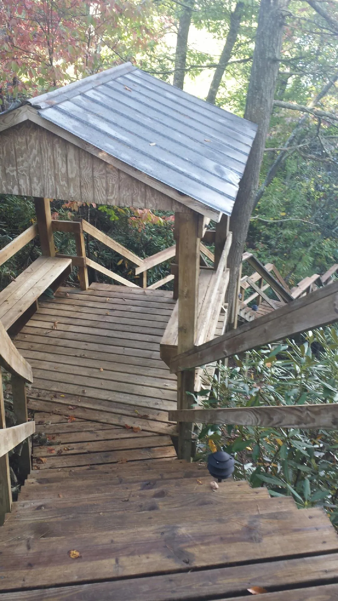 Metal roofed shelter over wooden steps on a wooded walkway — Skylight Repair & Installation work by our crew in Milton
